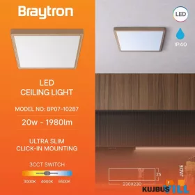   Braytron LED Mennyezeti lámpa CCT 20W 1600lm IP40 230mm Fahatású négyzet Jade