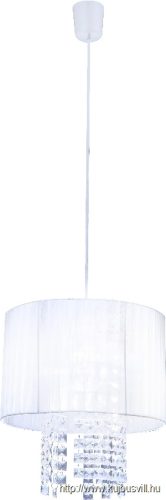 GLOBO 15098 PYRA Függeszték fehér selyem ernyővel, akril-kristály függő dekorral. Ø:300, H:1200, exkl. 1xE27 60W 230V