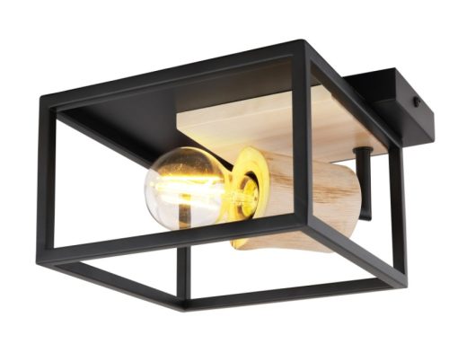 GLOBO 15477D HAGAR Mennyezetlámpa matt fekete váz, natúr fa foglalat.  HxSZxM:220x220x145, fényforrás nélkül 1xE27 60W