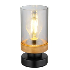   GLOBO 15557T FINCA Asztali lámpa fém matt fekete, fa sötétbarna, füst  üveg, fe