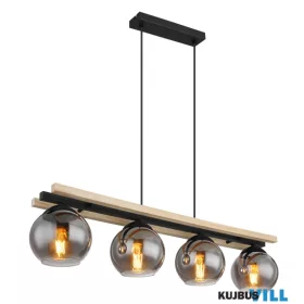   GLOBO 15569-4H CONNI Függeszték  fém matt fekete, natúr fa, füstszínű  üveg, feke