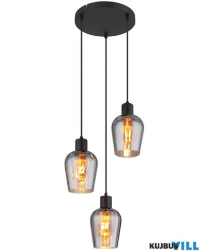 GLOBO 15627-3 RYAN Függeszték fém fekete matt, füstszínű üveg, fekete PVC kábel