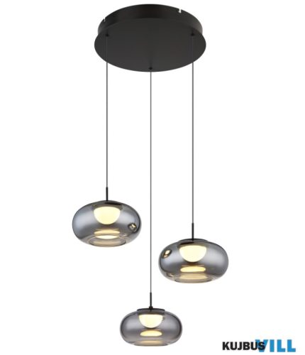 GLOBO 15744-3H QUINTARA Függeszték fém fekete matt, füstszínű üveg, kábel fekete, ø: 490mm, M: 1500mm, magasság állítható 80 és 150 cm között, LED 18W 230V, 189
