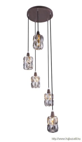 GLOBO 15761-5 WOLLI Függeszték bronz üveg-kristály füstszínű búrával. Ø:300, H:1200, exkl. 5xE14 40W 230V
