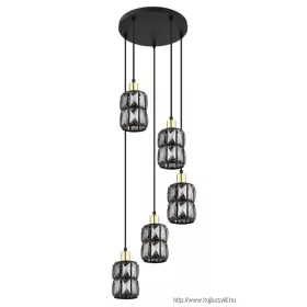   GLOBO 15761-5B WOLLI Függeszték, matt fekete fém, füstszínű üvegkristályok, sárga