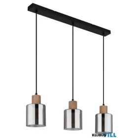   GLOBO 15768-3 ALEIDIS Függőlámpa, fém fekete matt, sötétbarna fa, füstszínű üveg,