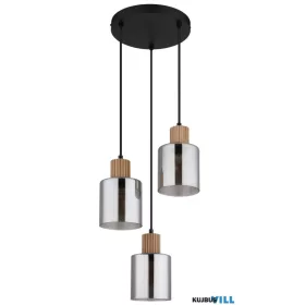   GLOBO 15768-3H ALEIDIS Függőlámpa, fekete matt fém, sötétbarna fa, füstszínű üveg,