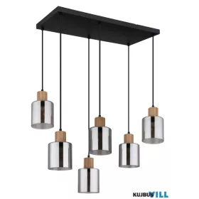   GLOBO 15768-6 ALEIDIS Függőlámpa, fekete matt fém, sötétbarna fa, füstszínű üveg,