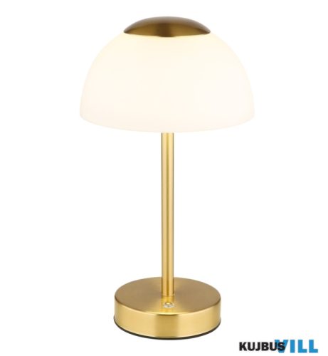 GLOBO 21014M SARIMA Asztali lámpa fém matt sárgaréz, fehér üveg, érintéses be/ki kapcsolás, fokozatmentes érintéses dimmer, CR18650 1800mAh 3.7V, töltés kb. 4 ó