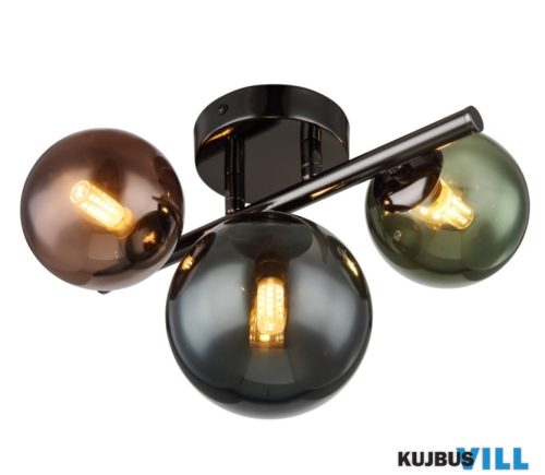 GLOBO 56142-3W RIHA Mennyezeti lámpa fém szürke matt, üveggömbök, üvegszínek: bronz, zöld, petrol, HxSzxM: 283x208x189mm, üvegméretek: 2 x 10 cm, 1 x 12 cm, 3x