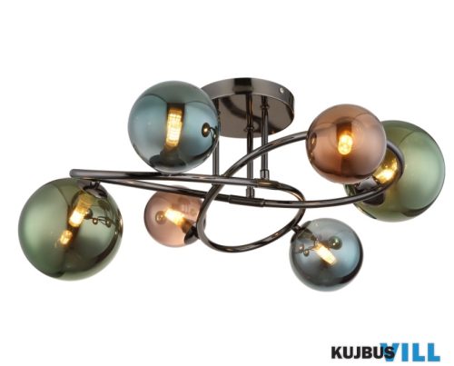 GLOBO 56142-6D RIHA Mennyezeti lámpa fém szürke matt, üveggömbök, üvegszínek: bronz, zöld, petrol, ø: 650mm, M: 250mm, üvegméretek: 2x15 cm, 2x 12cm, 2x 10cm, 6