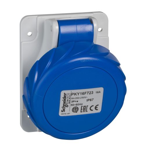 PKY32F723 MUREVA PK (Pratika) Panelre szerelhető döntött aljzat, 2P+F, 6h, 32A, 250V, IP67, gyorscsatlakozás