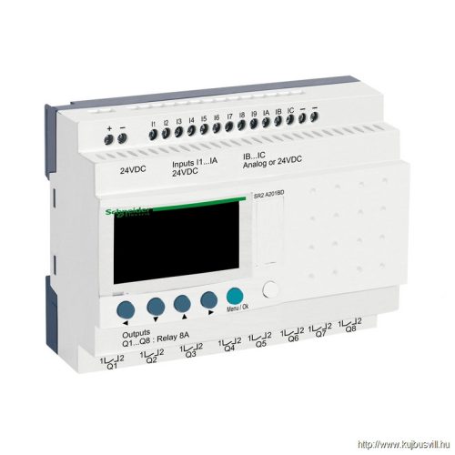 Zelio Logic programozható relé, kompakt, LCD kijelző, 10 DI + 2 DI/AI, 8 DO relés, 24 VDC SR2A201BD