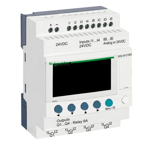 SR2B121BD Zelio Logic programozható relé, kompakt, LCD kijelző, 4 DI + 4 DI/AI, 4 DO relés, belső órával, 24 VDC