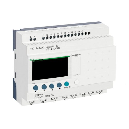 Zelio Logic programozható relé, kompakt, LCD kijelző, 12 DI, 8 DO relés, belső órával, 230 VAC SR2B201FU