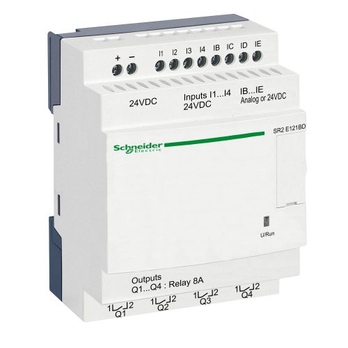 Zelio Logic programozható relé, kompakt, kijelző nélkül, 4 DI + 4DI/AI, 4 DO relés, belső órával, 24 VDC SR2E121BD