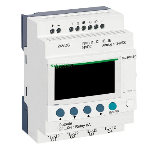 Zelio Logic programozható relé, bővíthető, LCD kijelző, 2 DI + 2 DI/AI, 4 DO relés, belső órával, 24 VDC SR3B101BD