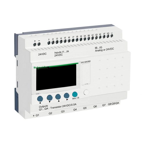 Zelio Logic programozható relé, bővíthető, LCD kijelző, 10 DI + 6 DI/AI,10 DO tranzisztoros, belső órával, 24 VDC SR3B262BD