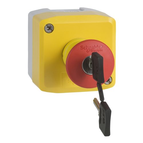 Harmony XALK tokozott vészgomb, sárga, 1 piros gombafejű azonnali nyomógomb, kulccsal kioldó, 1NC+1NO, felirat nélkül XALK188E