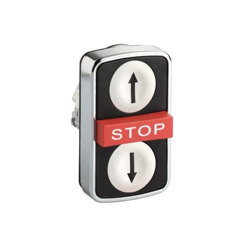 ZB4BA71124 Harmony fém kettősfejű nyomógomb fej, Ø22, visszatérő, 1-1 fehér/fekete fel/le nyíl nyomógomb, piros kiemelkedő STOP