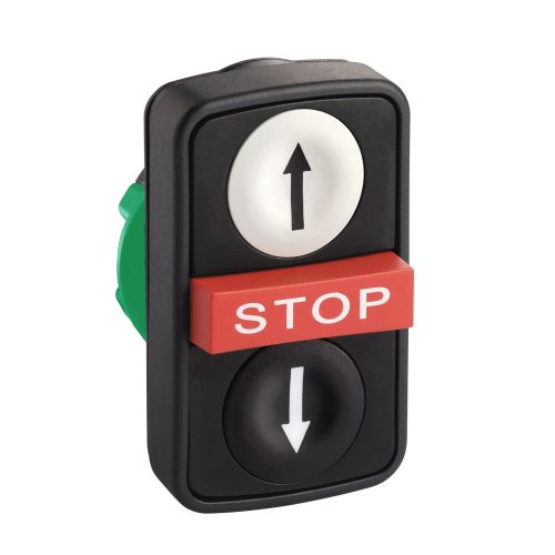 ZB5AA71124 Harmony műanyag kettősfejű nyomógomb fej, Ø22, visszatérő, 1-1 fehér/fekete fel/le nyíl nyomógomb, piros kiemelkedő STOP