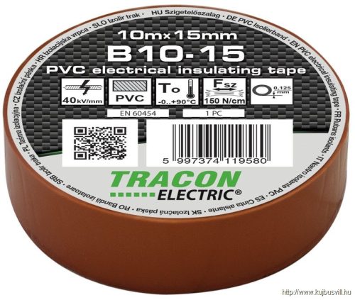 B10-15 Szigetelőszalag, barna 10m×15mm, PVC, 0-90°C, 40kV/mm