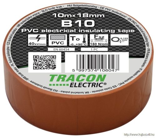 TRACON B10 Szigetelőszalag, barna 10m×18mm, PVC, 0-90°C, 40kV/mm