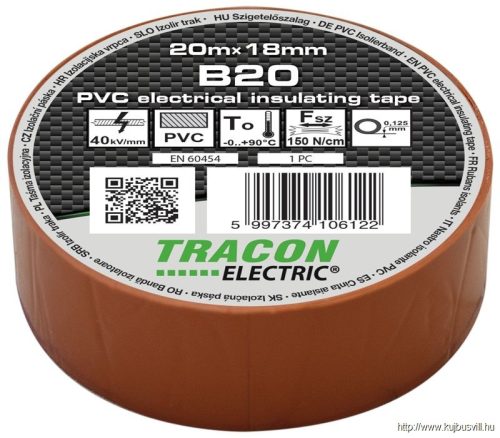 TRACON B20 Szigetelőszalag, barna 20m×18mm, PVC, 0-90°C, 40kV/mm