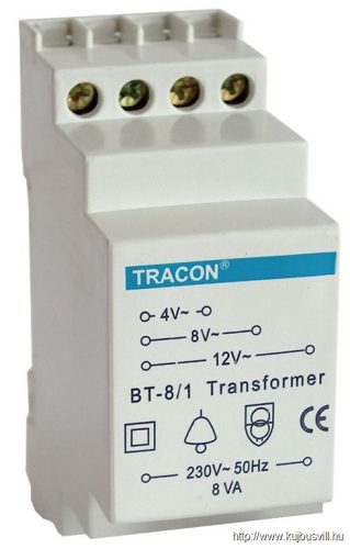 TRACON BT-8/1 Biztonsági (csengő) transzformátor 230V / 4-8-12V AC, max.8 VA