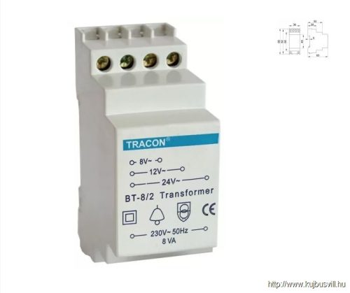 TRACON BT-8/2 Biztonsági (csengő) transzformátor 230V / 8-12-24V AC, max.8 VA