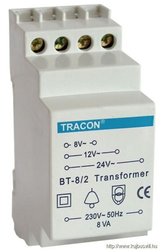 TRACON BT-8/2 Biztonsági (csengő) transzformátor 230V / 8-12-24V AC, max.8 VA