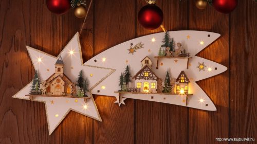 CHRBSTWW13WW LED karácsonyi csillag tájképpel, fehér, fa, elemes X22092