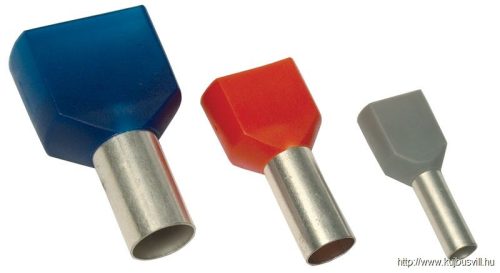 E90IH Szigetelt (PA6.6) iker-érvéghüvely, ónoz. elektr.réz, piros 2×1mm2, l=10mm