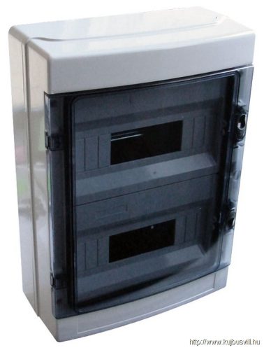 EDFKIP65-12/2 Falon kívüli elosztódoboz, átlátszó ajtóval, N/PE sínnel 2×12 mod, H×W×D=415×300×140mm, IP65, 660V AC, 1000 V DC