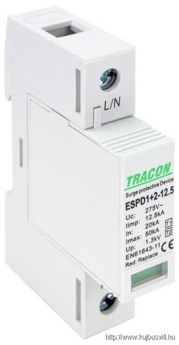 ESPD1+2-12.5-1P T1+T2 AC típusú túlfeszültséglevezető, cserélhető betéttel Uc:275V; Iimp:12,5kA; In:20kA; Imax:50kA; Up:1,3kV; 1P