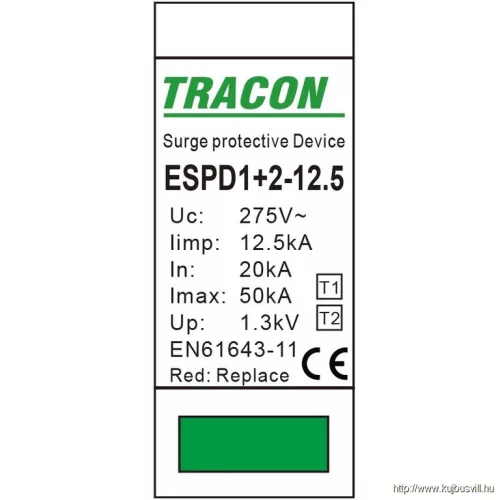 TRACON ESPD1+2-12.5-1P T1+T2 AC típusú túlfeszültséglevezető, cserélhető betéttel Uc:275V; Iimp:12,5kA; In:20kA; Imax:50kA; Up:1,3kV; 1P