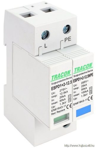 ESPD1+2-12.5-1+1P T1+T2 AC típusú túlfeszültséglevezető, cserélhető betéttel Uc:275V; Iimp:12,5kA; In:20/40kA; Imax:50kA; Up:1,3kV; 1+1P