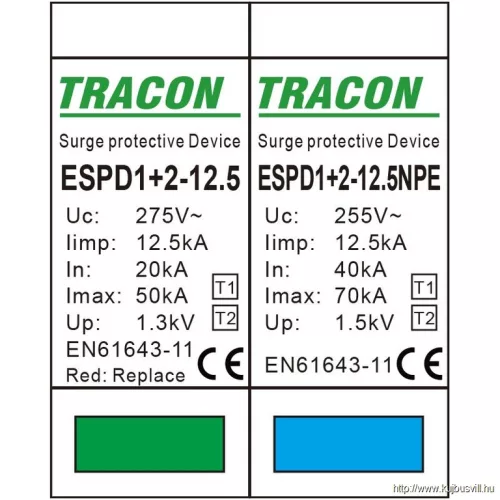 TRACON ESPD1+2-12.5-1+1P T1+T2 AC típusú túlfeszültséglevezető, cserélhető betéttel Uc:275V; Iimp:12,5kA; In:20/40kA; Imax:50kA; Up:1,3kV; 1+1P