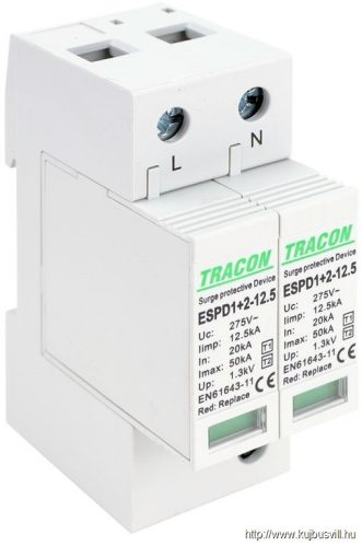 ESPD1+2-12.5-2P T1+T2 AC típusú túlfeszültséglevezető, cserélhető betéttel Uc:275V; Iimp:12,5kA; In:20kA; Imax:50kA; Up:1,3kV; 2P