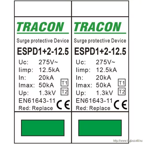 TRACON ESPD1+2-12.5-2P T1+T2 AC típusú túlfeszültséglevezető, cserélhető betéttel Uc:275V; Iimp:12,5kA; In:20kA; Imax:50kA; Up:1,3kV; 2P
