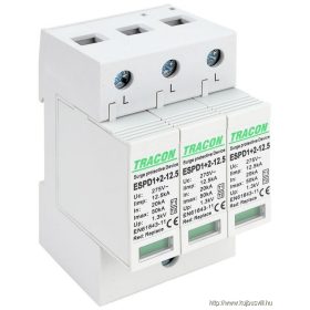   TRACON ESPD1+2-12.5-3P T1+T2 AC típusú túlfeszültséglevezető, cserélhető betéttel Uc:275V; Iimp:12,5kA; In:20kA; Imax:50kA; Up:1,3kV; 3P