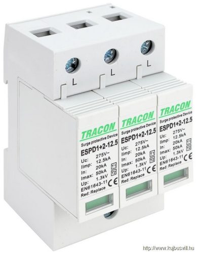 ESPD1+2-12.5-3P T1+T2 AC típusú túlfeszültséglevezető, cserélhető betéttel Uc:275V; Iimp:12,5kA; In:20kA; Imax:50kA; Up:1,3kV; 3P
