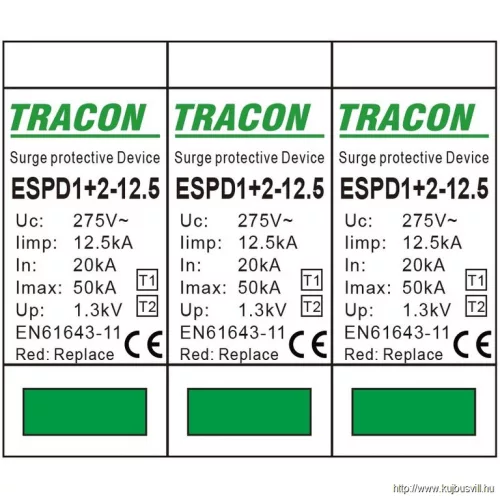 TRACON ESPD1+2-12.5-3P T1+T2 AC típusú túlfeszültséglevezető, cserélhető betéttel Uc:275V; Iimp:12,5kA; In:20kA; Imax:50kA; Up:1,3kV; 3P