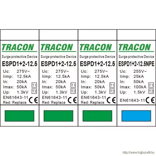 TRACON ESPD1+2-12.5-3+1P T1+T2 AC típusú túlfeszültséglevezető, cserélhető betéttel Uc:275V; Iimp:12,5kA; In:20/40kA; Imax:50kA; Up:1,3kV; 3+1P