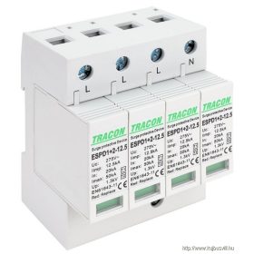   TRACON ESPD1+2-12.5-4P T1+T2 AC típusú túlfeszültséglevezető, cserélhető betéttel Uc:275V; Iimp:12,5kA; In:20kA; Imax:50kA; Up:1,3kV; 4P