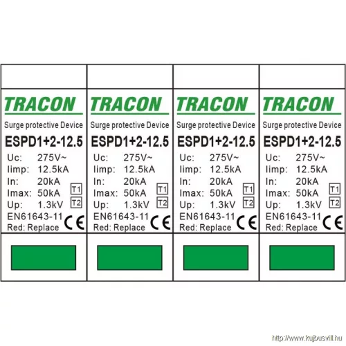 TRACON ESPD1+2-12.5-4P T1+T2 AC típusú túlfeszültséglevezető, cserélhető betéttel Uc:275V; Iimp:12,5kA; In:20kA; Imax:50kA; Up:1,3kV; 4P