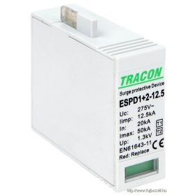   TRACON ESPD1+2-12.5M T1+T2 AC típusú túlfeszültséglevezető betét 12.5 M Uc:275V; Iimp:12,5kA; In:20kA; Imax:50kA; Up:1,3kV