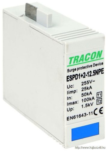 ESPD1+2-12.5NPE T1+T2 AC típusú túlfeszültséglevezető betét 12.5 NPE Uc:275V; Iimp:12,5kA; In:20/40kA; Imax:50kA; Up:1,3kV