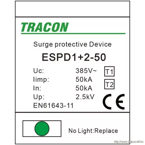 TRACON ESPD1+2-50-1P T1+T2 AC típusú túlfeszültséglevezető, egybeépített Uc:385V; Iimp:50kA; In:50kA; Imax:160kA; Up:2,5kV; 1P
