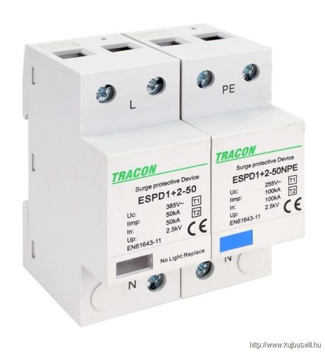 ESPD1+2-50-1+1P T1+T2 AC típusú túlfeszültséglevezető, egybeépített Uc:385V; Iimp:50/100kA; In:50/100kA; Up:2,5kV; 1+1P